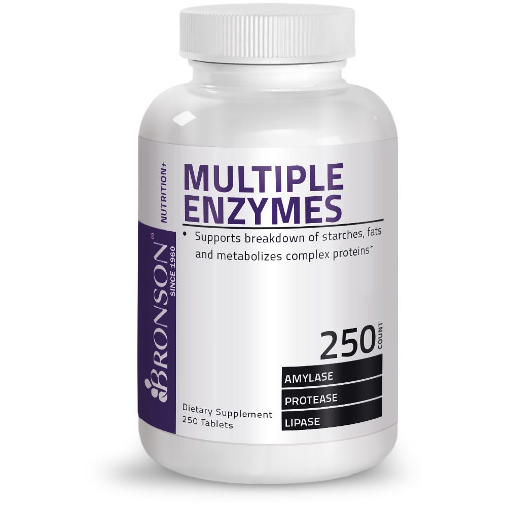 Bronson Vitamins Multiple Digestive Enzymes Amylase Protease Lipase - 250 Tablets, Item #62B, Bottle, Front Label