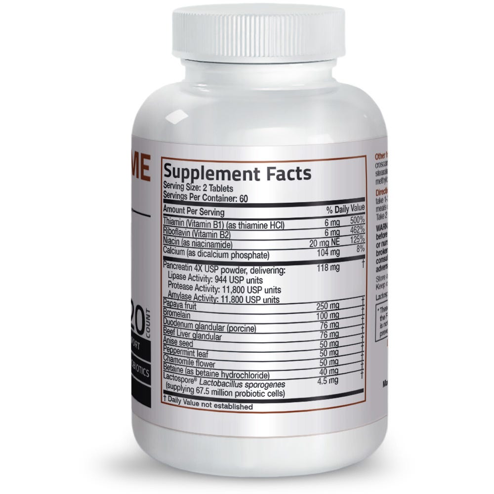 Bronson Vitamins Daily Digestive Enzyme Complex - 120 Tablets, Item #656A, Back Label, Supplement Facts