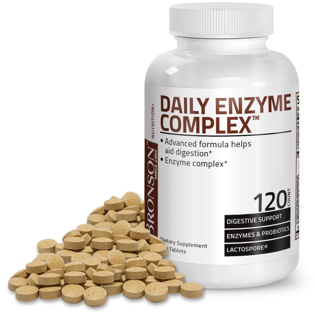 Bronson Vitamins Daily Digestive Enzyme Complex - 120 Tablets, Item #656A, Bottle, Front Label with Tablets