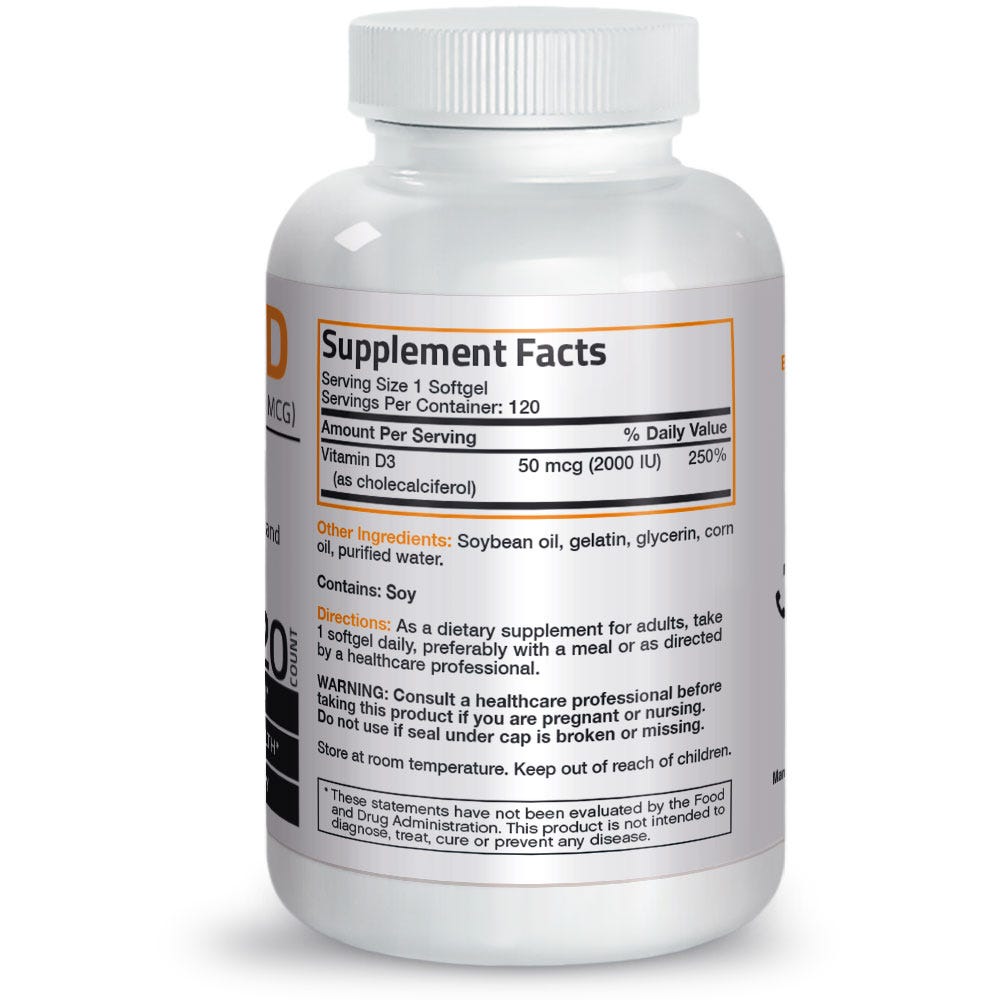 Bronson Vitamins Vitamin D3 - 2,000 IU - 120 Softgels, Item #660A, Bottle, Back Label, Supplement Facts, Other Ingredients, Directions and Warnings
