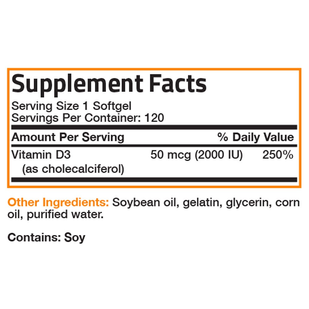 Bronson Vitamins Vitamin D3 - 2,000 IU - 120 Softgels, Item #660A, Supplement Facts Panel