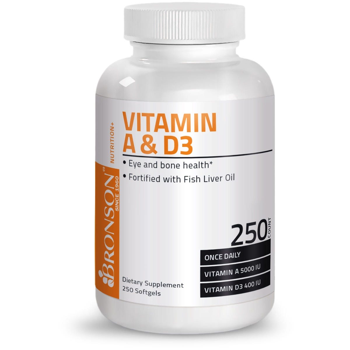 Bronson Vitamins Vitamin A & D Fish Liver Oil EFA - 250 Softgels, Item #68B, Bottle, Front Label