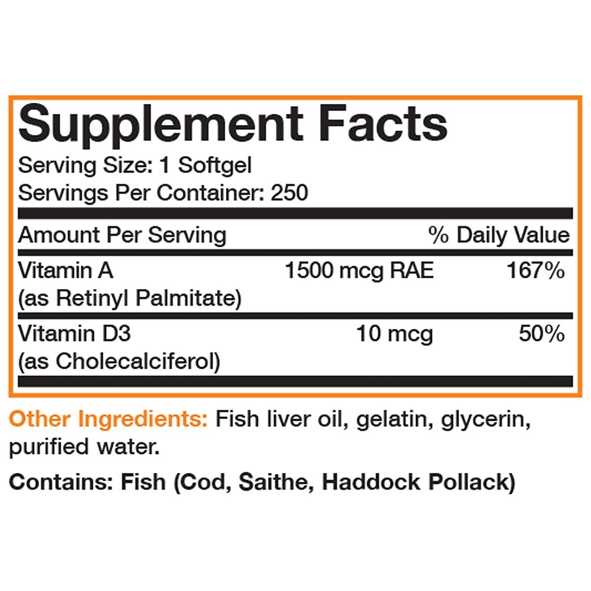 Bronson Vitamins Vitamin A & D Fish Liver Oil EFA - 250 Softgels, Item #68B, Supplement Facts Panel