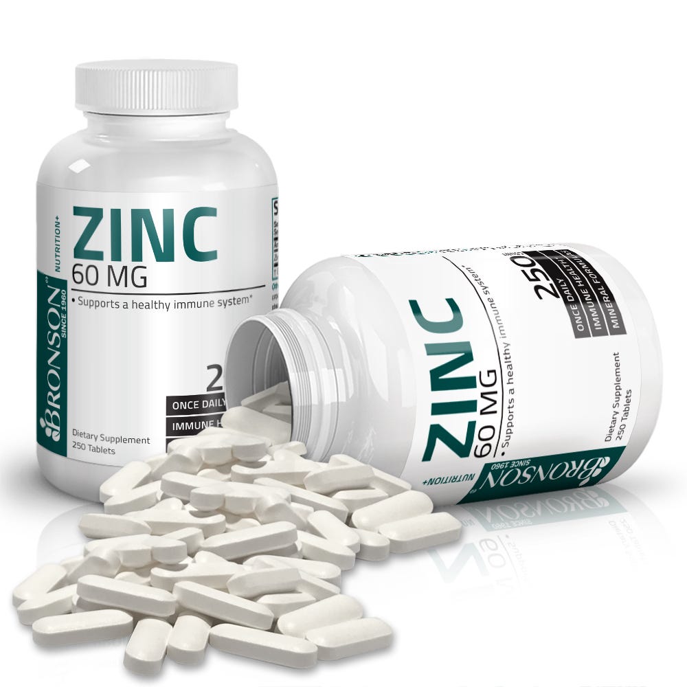 Bronson Vitamins Zinc Gluconate - 60 mg - 250 Tablets, Item #69B, Two Bottles , Front Label, One Bottle on Side , Tablets Displayed