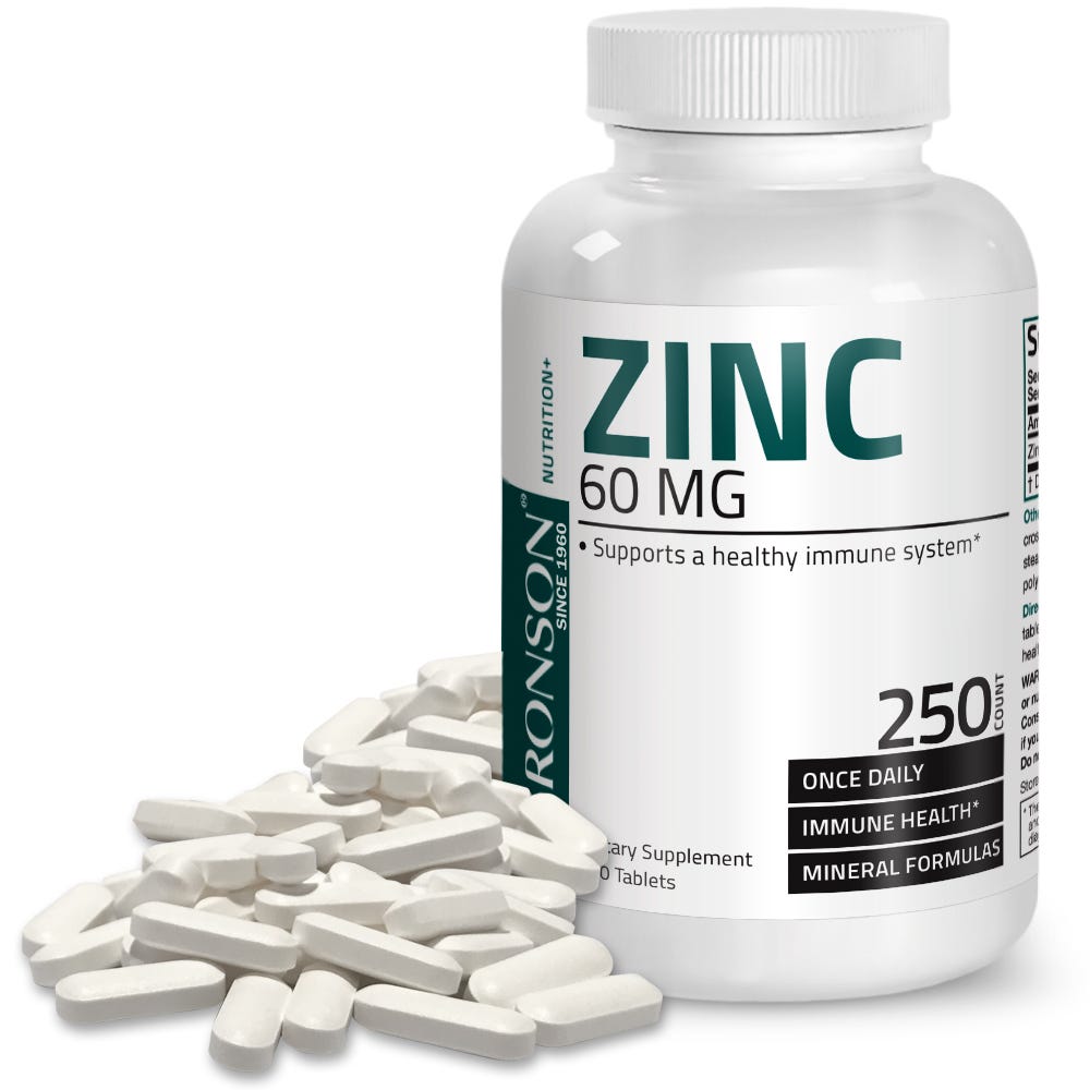 Bronson Vitamins Zinc Gluconate - 60 mg - 250 Tablets, Item #69B, Bottle, Front Label with Tablets