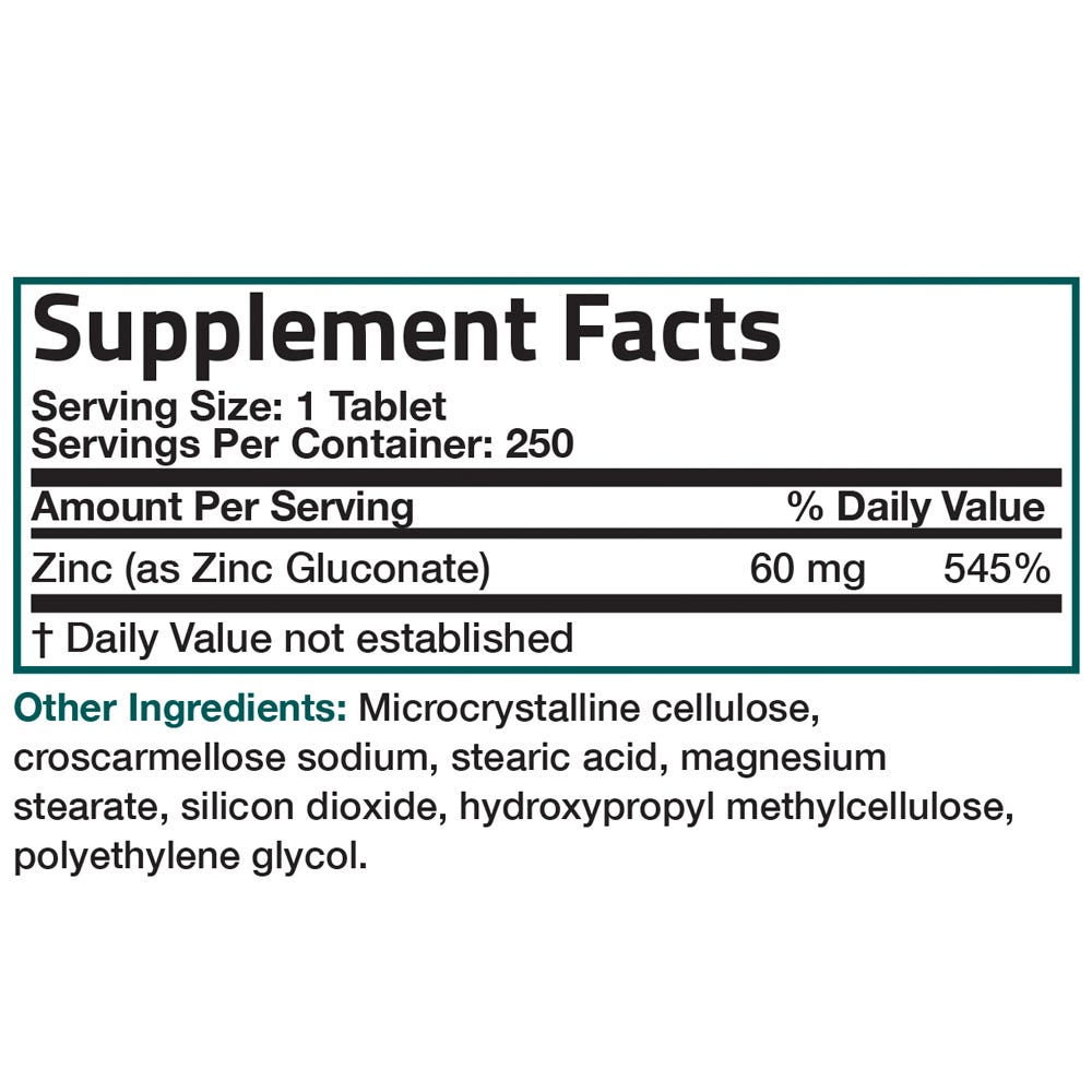 Bronson Vitamins Zinc Gluconate - 60 mg - 250 Tablets, Item #69B, Supplement Facts Panel