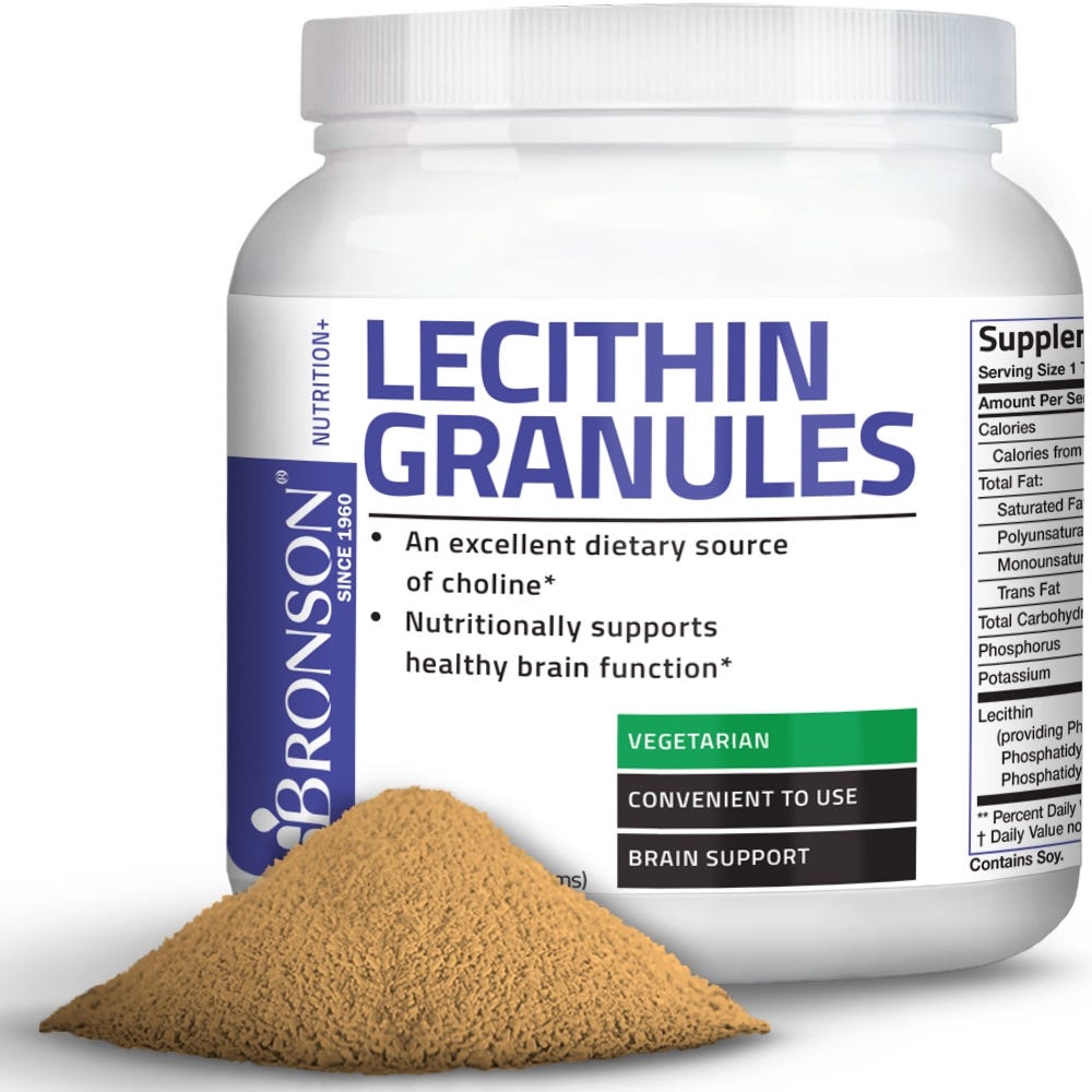 Bronson Vitamins Lecithin Granules Vegetarian - 7,500 mg - 1 lb (454g), Item #80, Bottle, Front Label with Powder