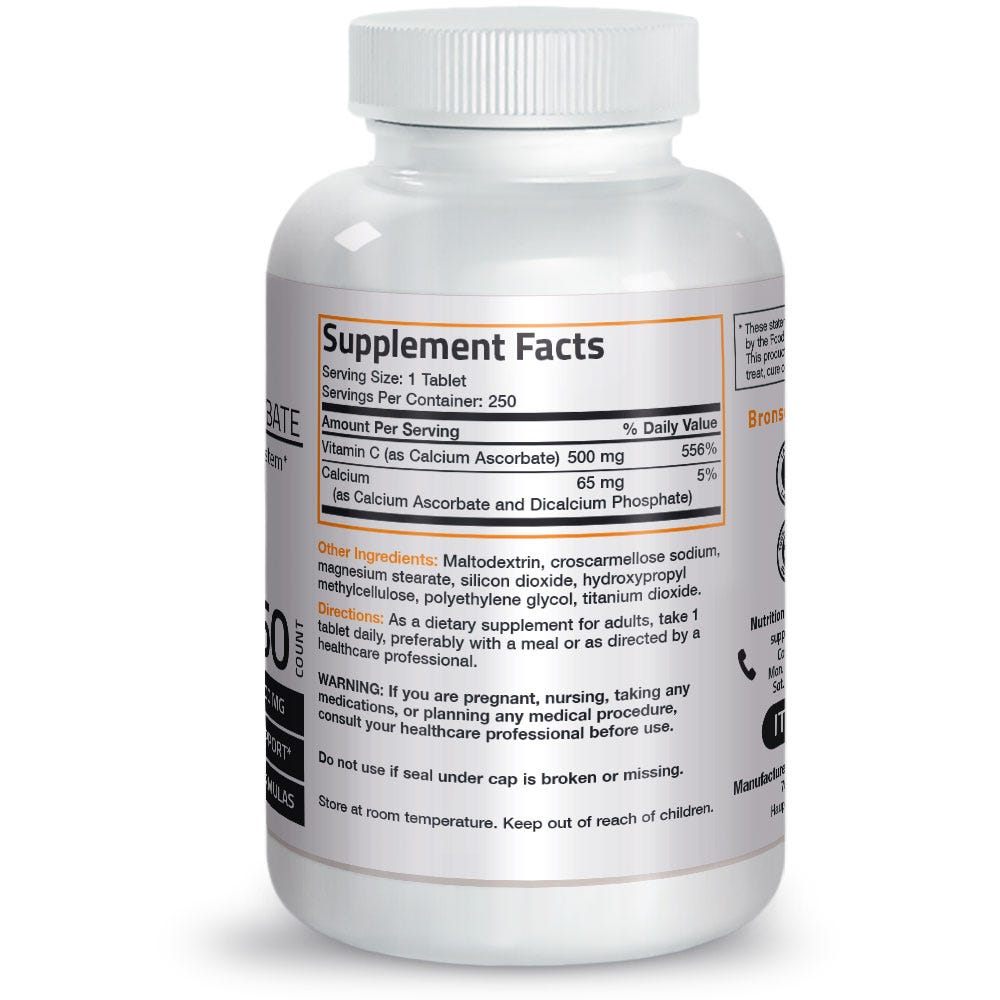 Buffered Vitamin C with Calcium Ascorbate - 500 mg - 250 Tablets, Item #83B, Bottle, Back Label, Supplement Facts, Other Ingredients, Directions and Warnings