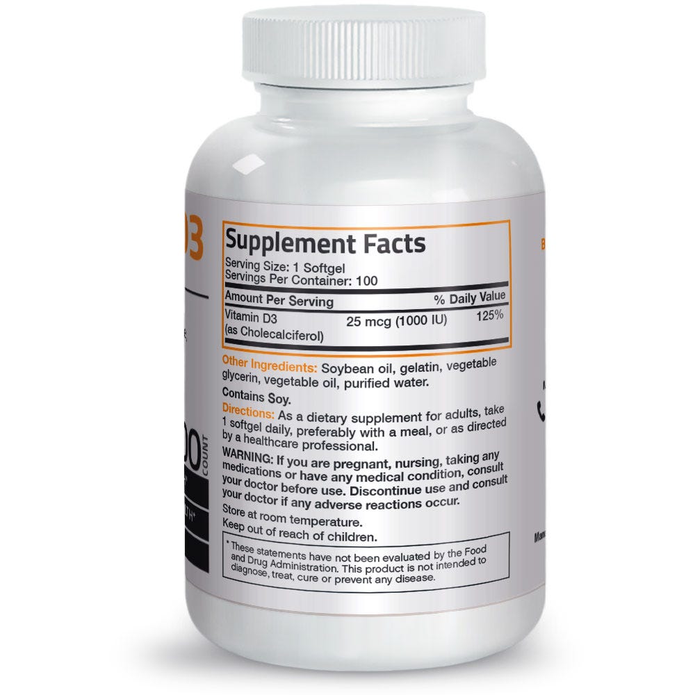 Bronson Vitamins Vitamin D3 - 1,000 IU - 100 Softgels, Item #844A, Bottle, Back Label, Supplement Facts, Other Ingredients, Directions and Warnings