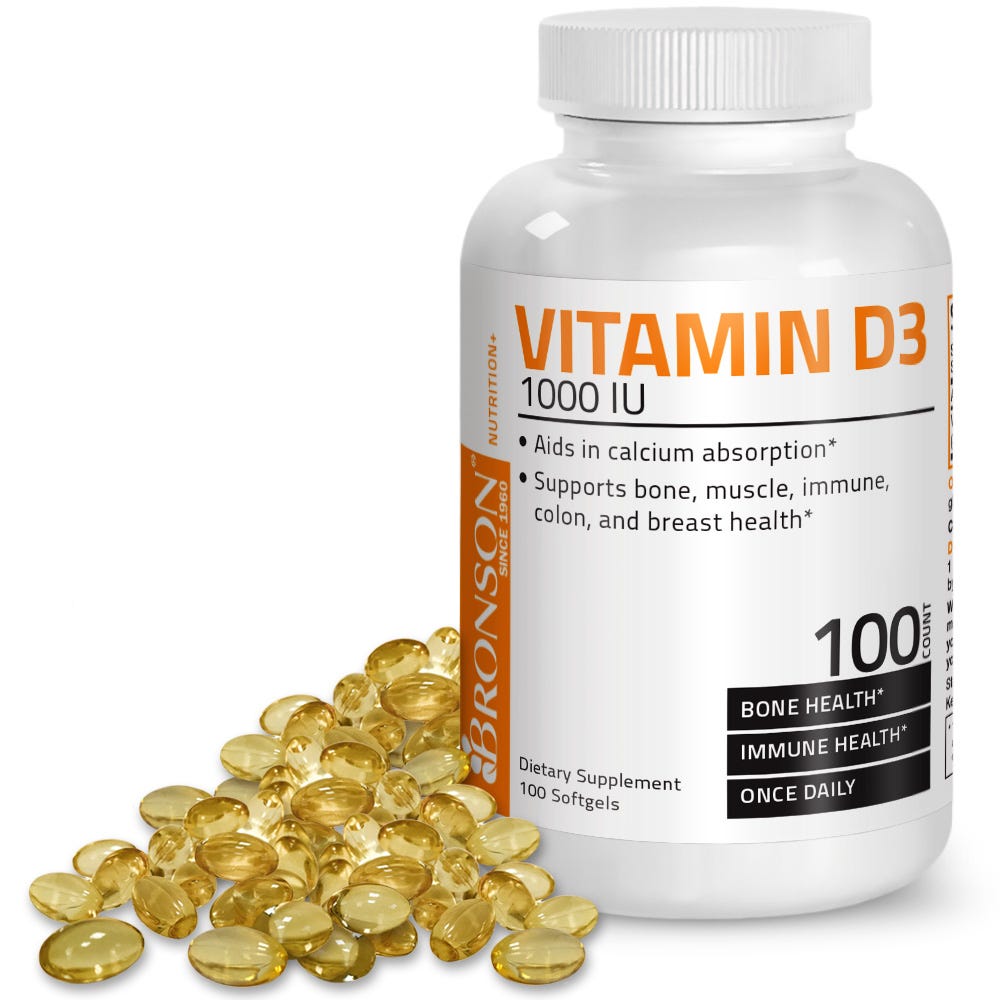 Bronson Vitamins Vitamin D3 - 1,000 IU - 100 Softgels, Item #844A, Bottle, Front Label with Softgels