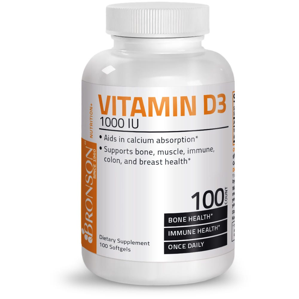 Bronson Vitamins Vitamin D3 - 1,000 IU - 100 Softgels, Item #844A, Bottle, Front Label