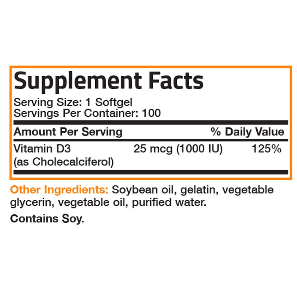 Bronson Vitamins Vitamin D3 - 1,000 IU - 100 Softgels, Item #844A, Supplement Facts Panel
