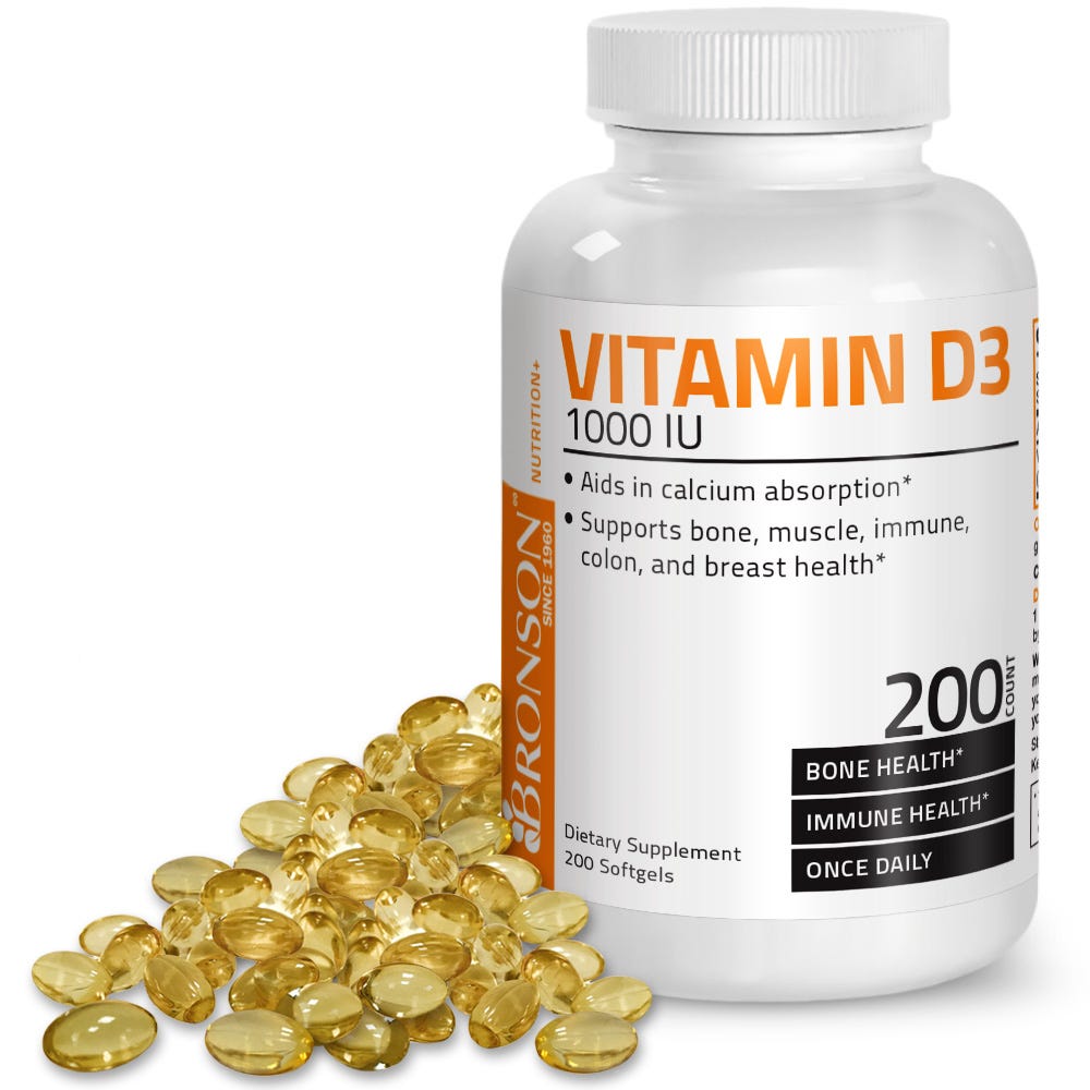 Bronson Vitamins Vitamin D3 - 1,000 IU - 200 Softgels, Item #844B, Bottle, Front Label with Softgels