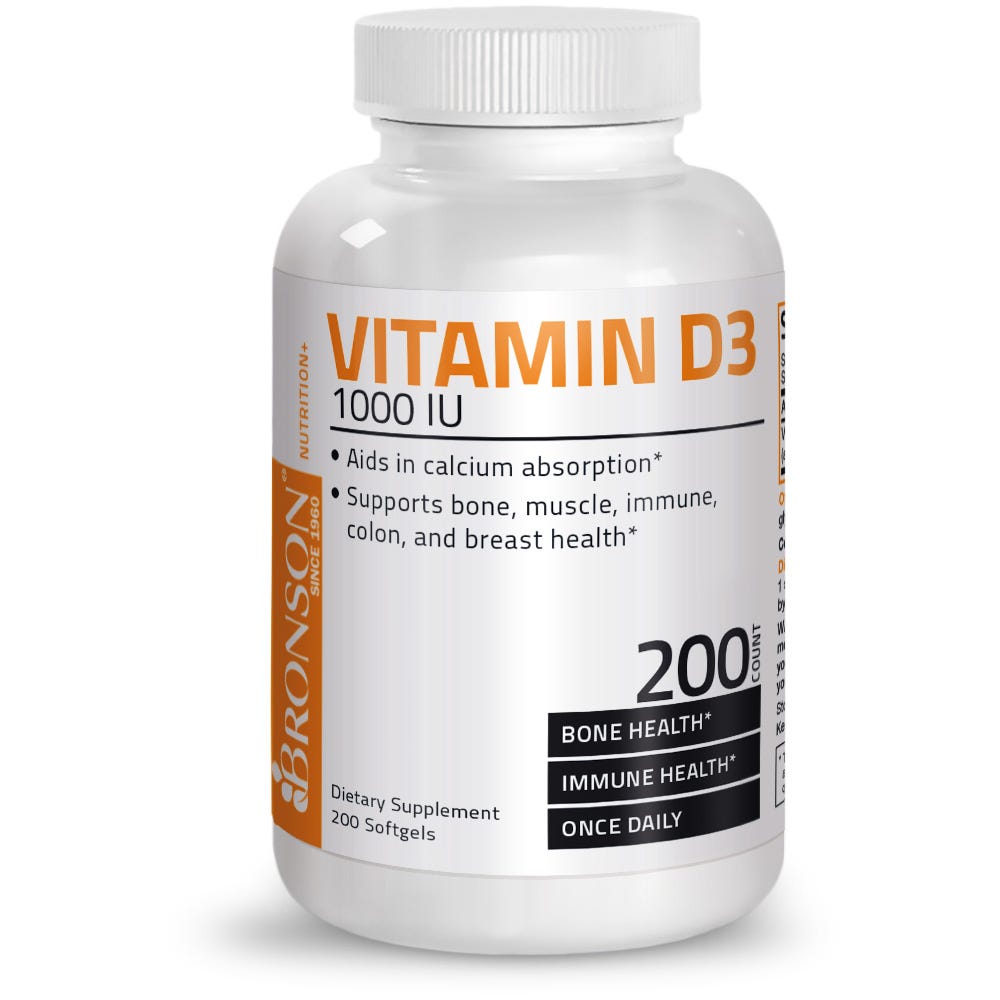 Bronson Vitamins Vitamin D3 - 1,000 IU - 200 Softgels, Item #844B, Bottle, Front Label