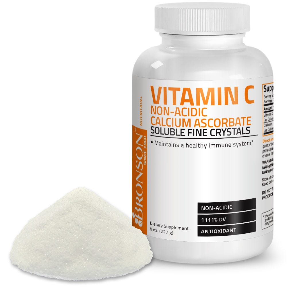 Bronson Vitamins Vitamin C Non-Acidic Calcium Ascorbate Crystals - 1,000 mg - 8 oz (227g), Item #84A, Bottle, Front Label with Small Pile of Granules