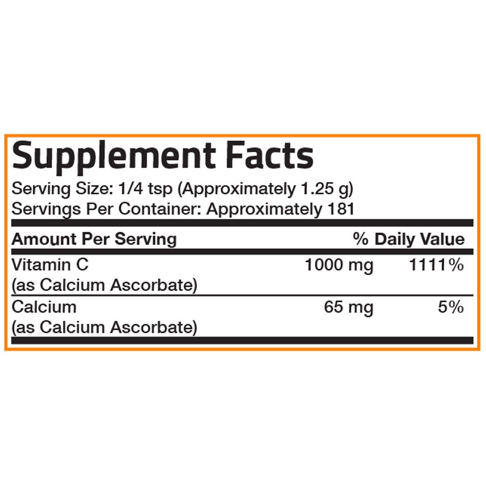 Bronson Vitamins Vitamin C Non-Acidic Calcium Ascorbate Crystals - 1,000 mg - 8 oz (227g), Item #84A, Supplement Facts Panel