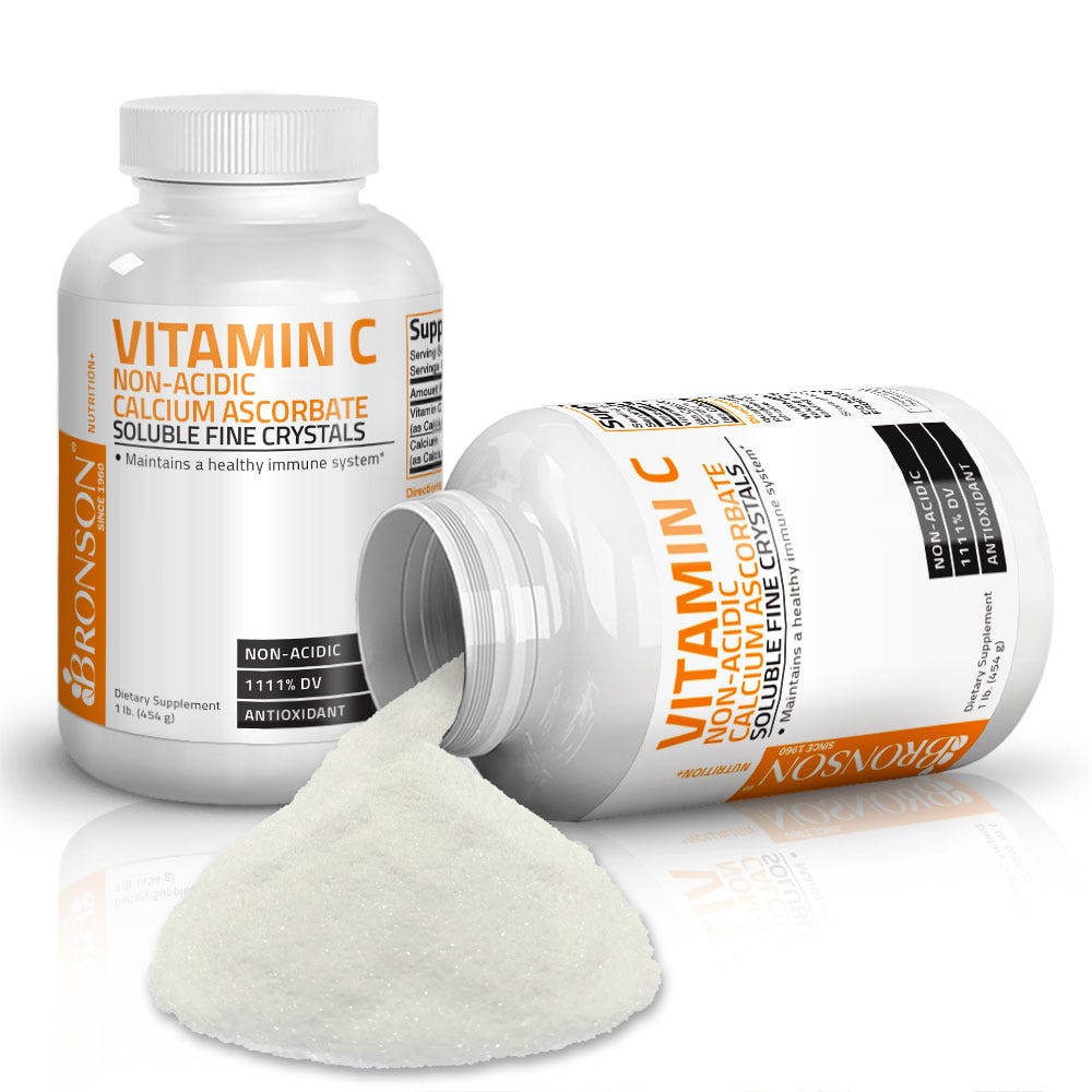 Bronson Vitamins Vitamin C Non-Acidic Calcium Ascorbate Crystals - 1,000 mg - 1 lb (454g) Item #84B, Two Bottles, Front Label with Small Pile of Granules