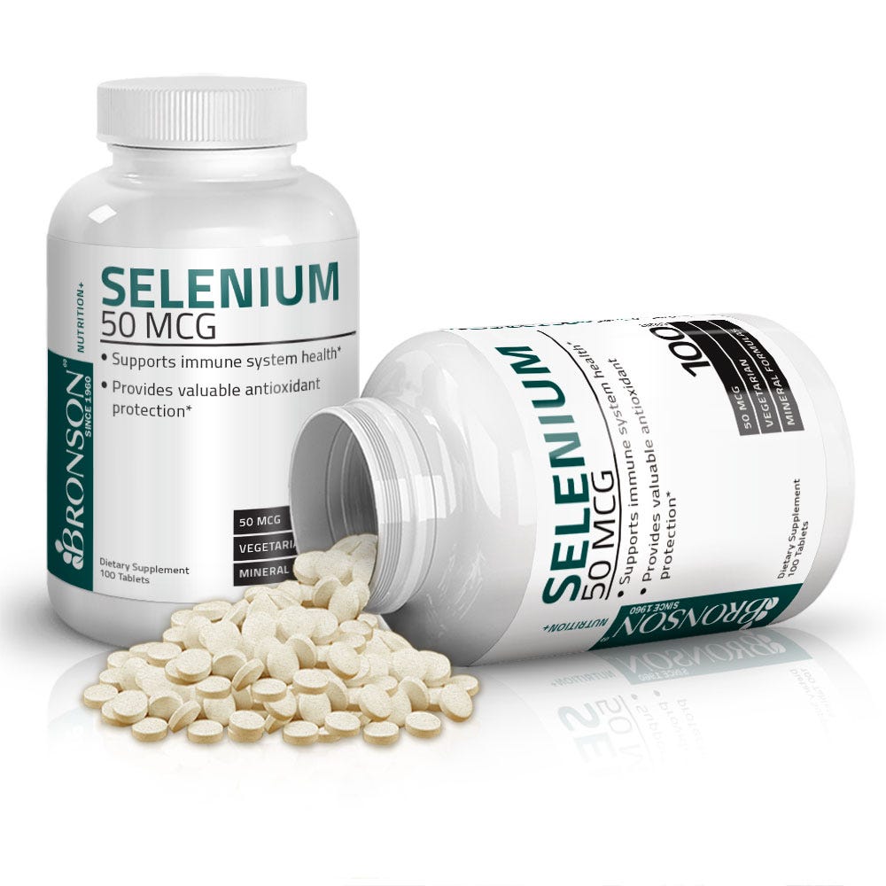 Bronson Vitamins Selenium - 50 mcg - 100 Capsules, Item #88A, Two Bottles , Front Label, One Bottle on Side, Capsules Displayed