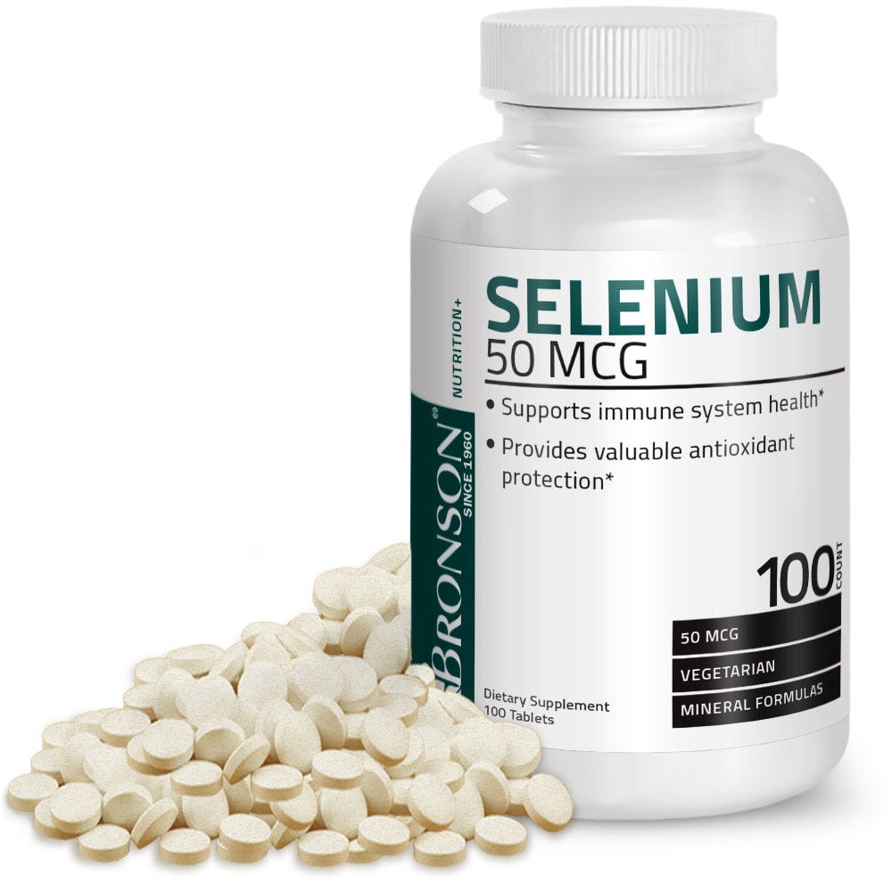 Bronson Vitamins Selenium - 50 mcg - 100 Capsules, Item #88A, Bottle, Front Label with Capsules