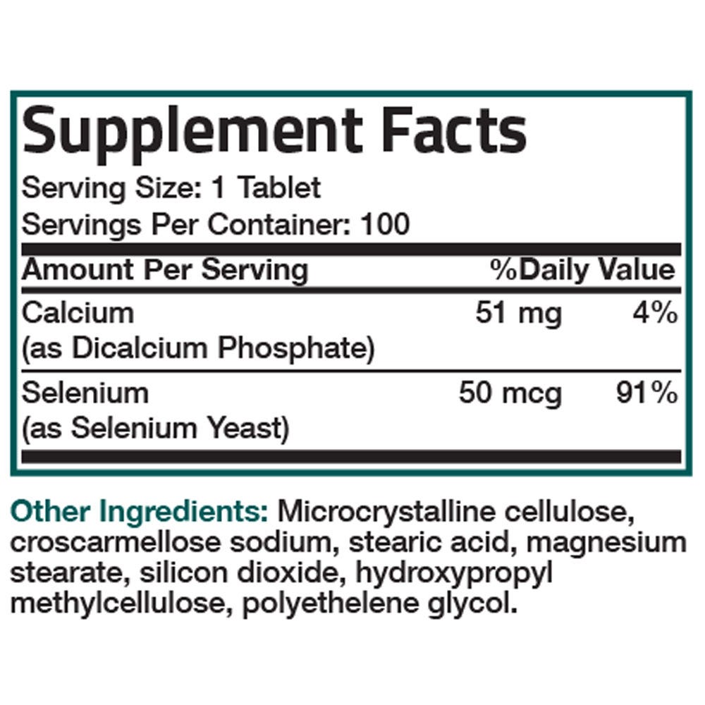 Bronson Vitamins Selenium -50 mcg - 100 Capsules, Item #88A, Supplement Facts Panel