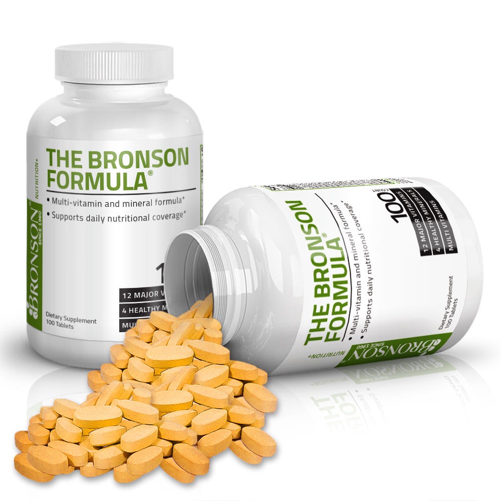 Bronson Vitamins The Bronson Formula® Once Daily Multivitamin - 100 Tablets, Item #93A, Two Bottles , Front Label, One Bottle on Side, Tablets Displayed