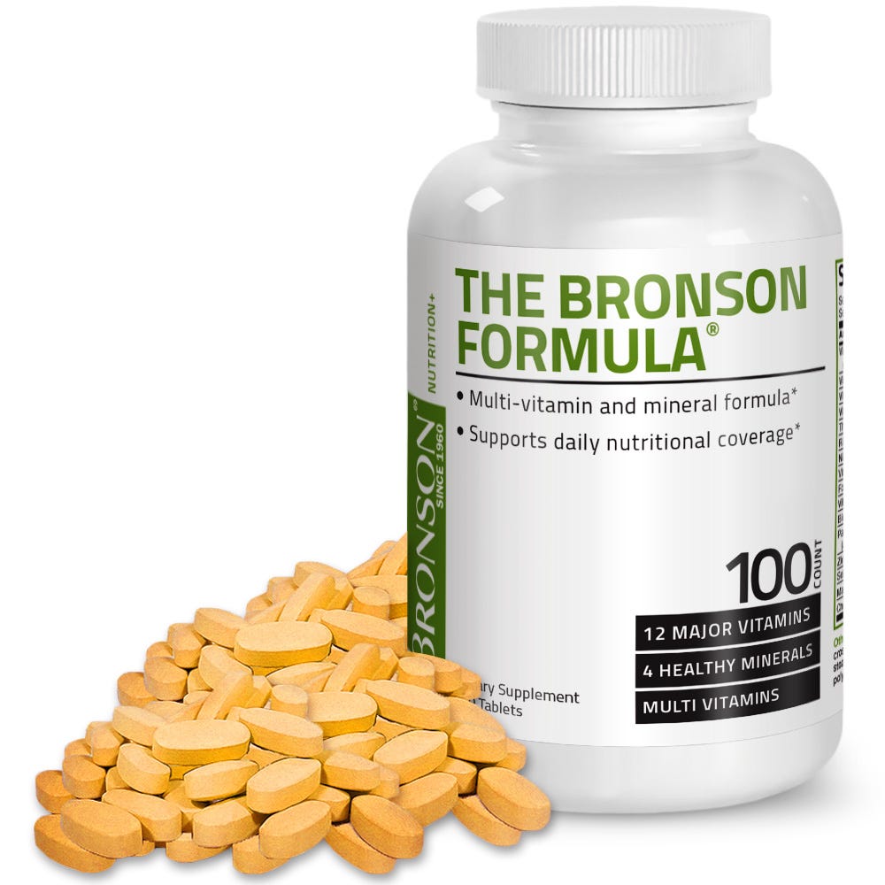 Bronson Vitamins The Bronson Formula® Once Daily Multivitamin - 100 Tablets, Item #93A, Bottle, Front Label with Tablets