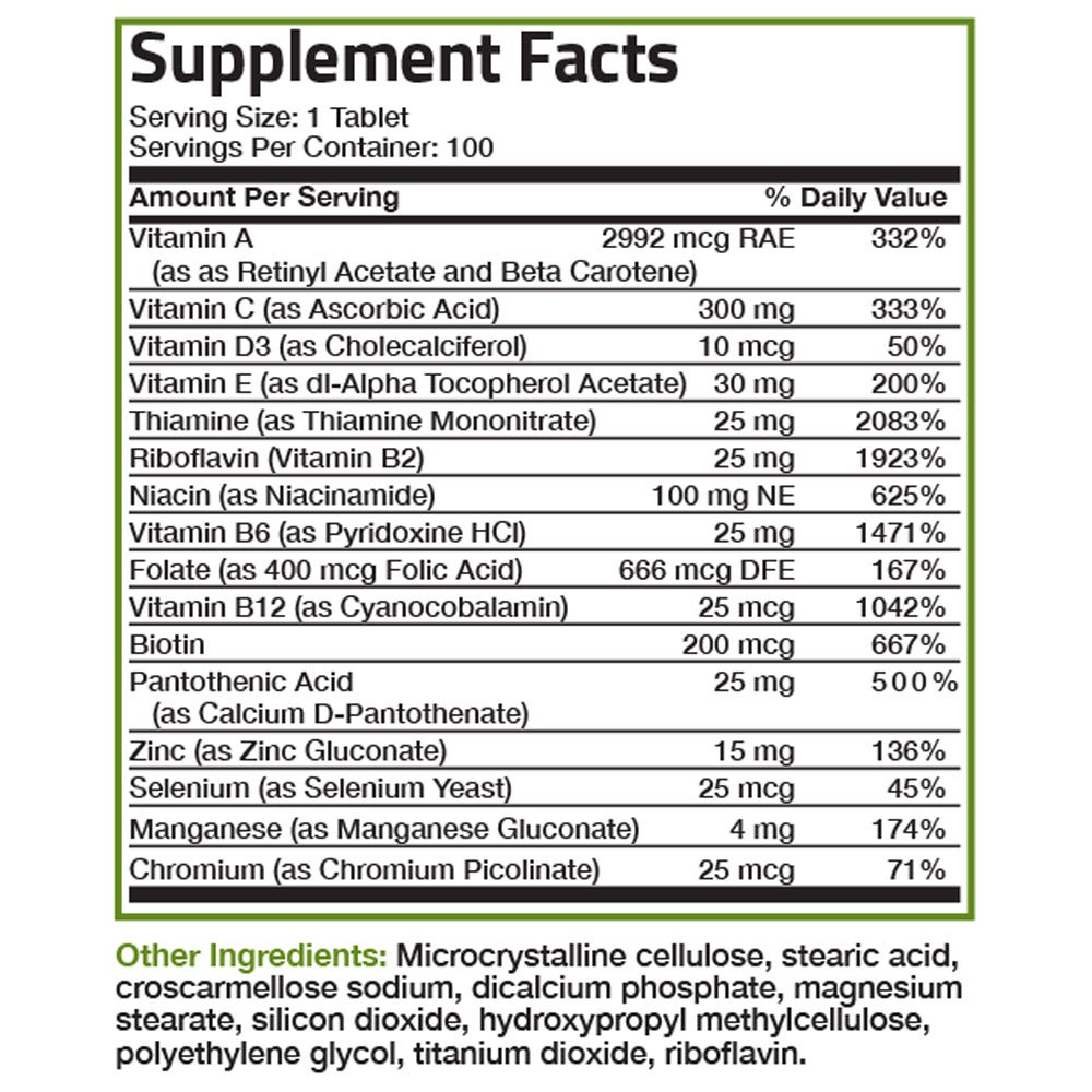 Bronson Vitamins The Bronson Formula® Once Daily Multivitamin - 100 Tablets, Item #93A, Supplement Facts Panel