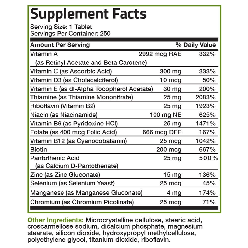Bronson Vitamins The Bronson Formula® Once Daily Multivitamin - 250 Tablets, Item #93B, Supplement Facts Panel