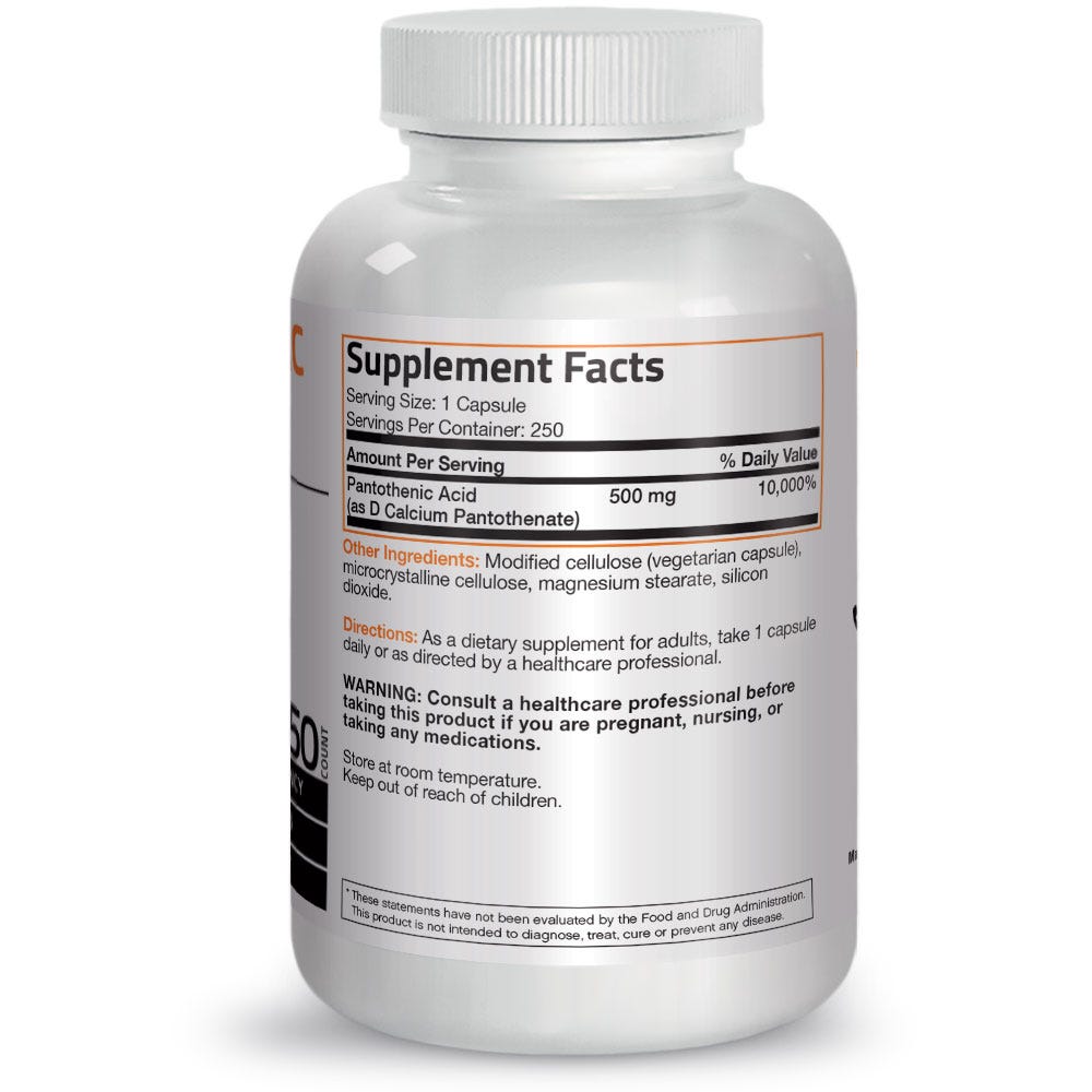 Bronson Vitamins Pantothenic Acid Vitamin B5 - 500 mg - 250 Capsules, Item #96B, Bottle, Back Label, Supplement Facts, Other Ingredients, Directions and Warnings