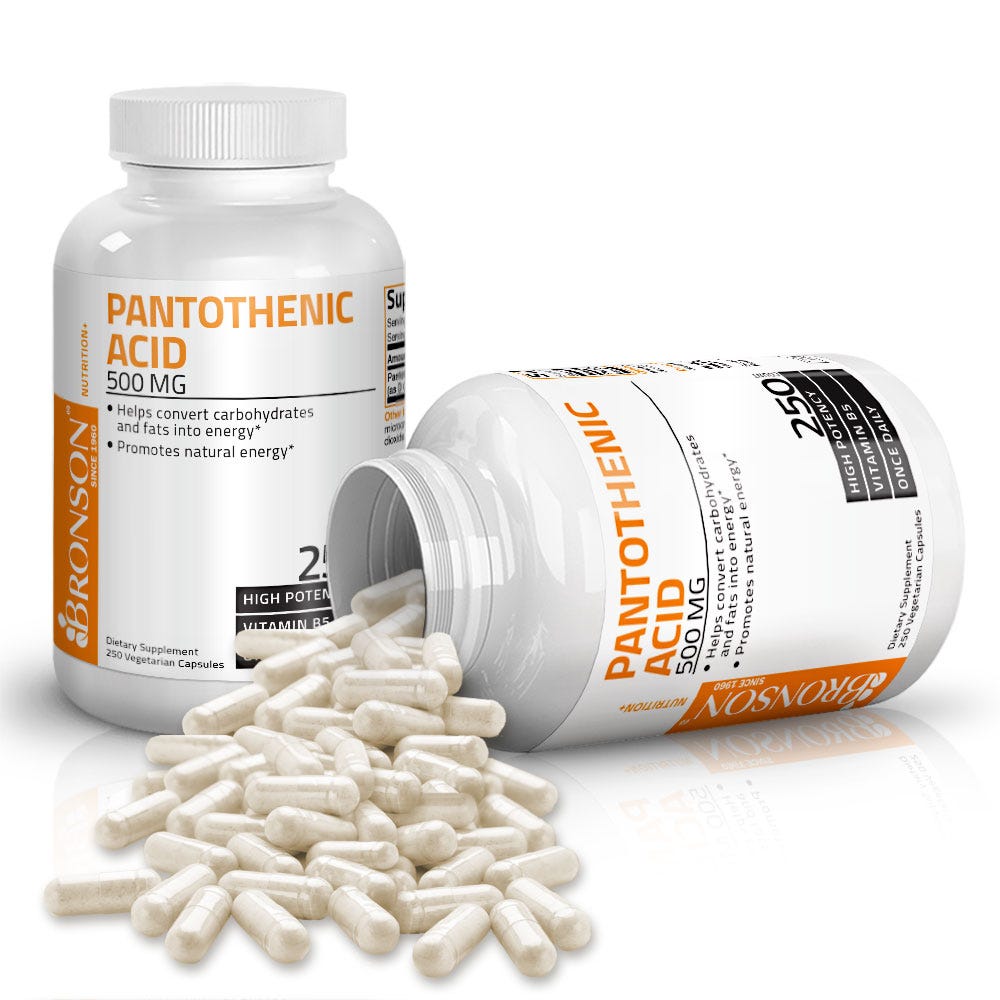 Bronson Vitamins Pantothenic Acid Vitamin B5 - 500 mg - 250 Capsules, Item #96B, Two Bottles , Front Label, One Bottle on Side, Capsules Displayed