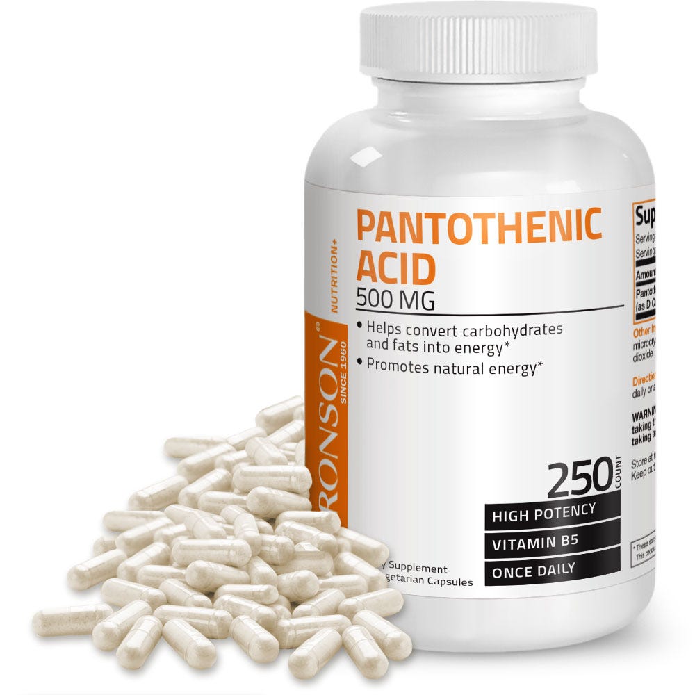 Bronson Vitamins Pantothenic Acid Vitamin B5 - 500 mg - 250 Capsules, Item #96B, Bottle, Front Label with Capsules