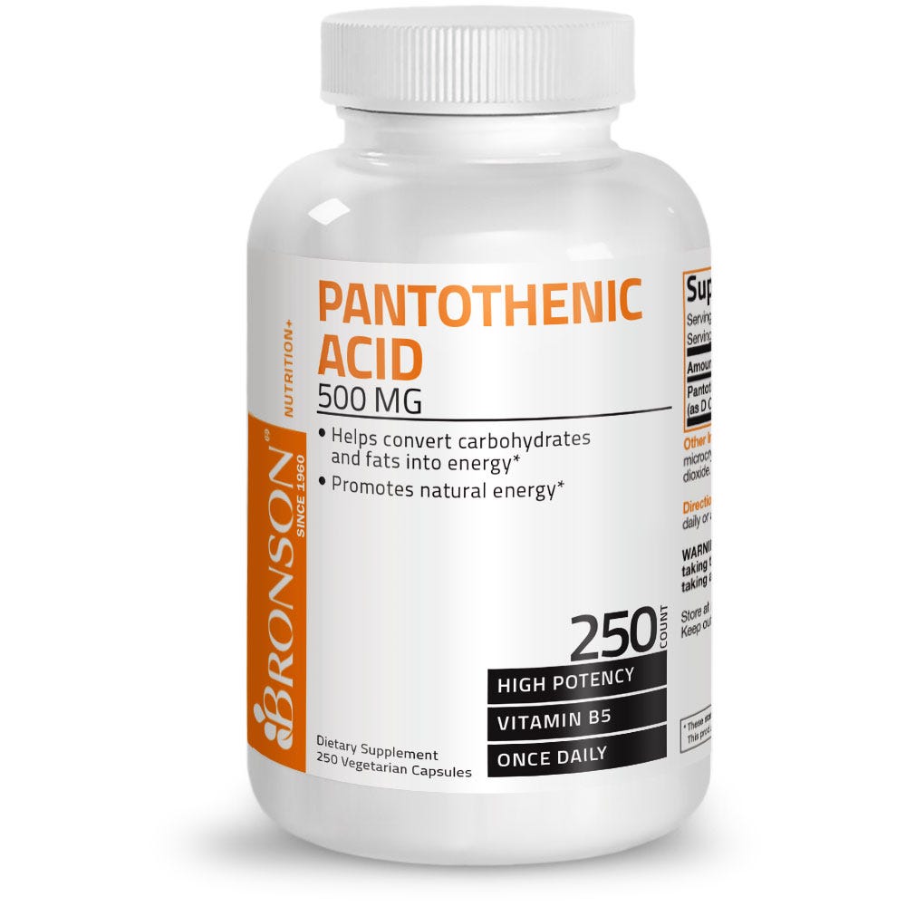 Bronson Vitamins Pantothenic Acid Vitamin B5 - 500 mg - 250 Capsules, Item #96B, Bottle, Front Label
