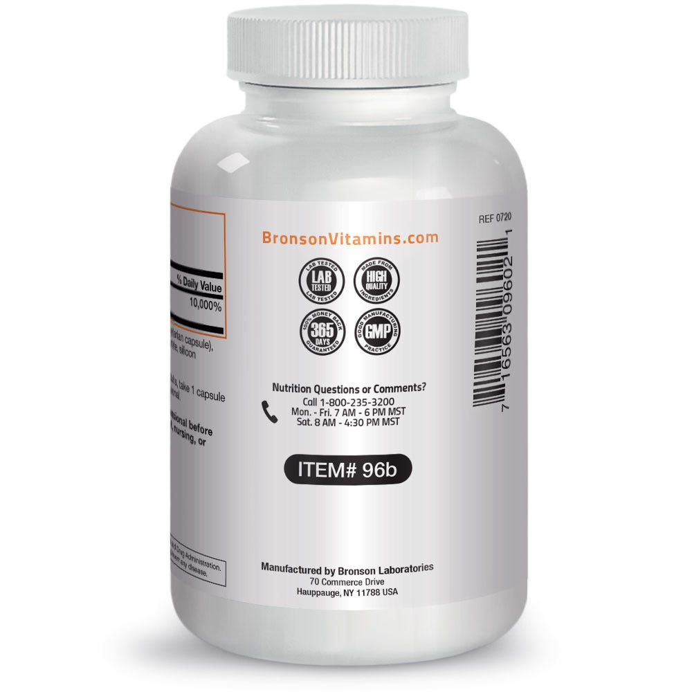 Bronson Vitamins Pantothenic Acid Vitamin B5 - 500 mg - 250 Capsules, Item #96B, Bottle, Side Label, Lab Tested Icon, High-Quality Icon, Money back Guarantee Icon, GMP Icon, Contact Info