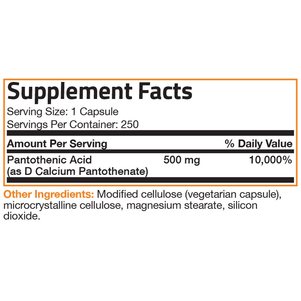 Pantothenic Acid Vitamin B5 - 500 mg - 250 Vegetarian Capsules view 6 of 6