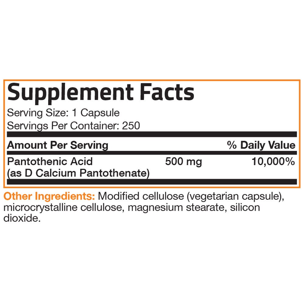 Bronson Vitamins Pantothenic Acid Vitamin B5 - 500 mg - 250 Capsules, Item #96B, Supplement Facts Panel