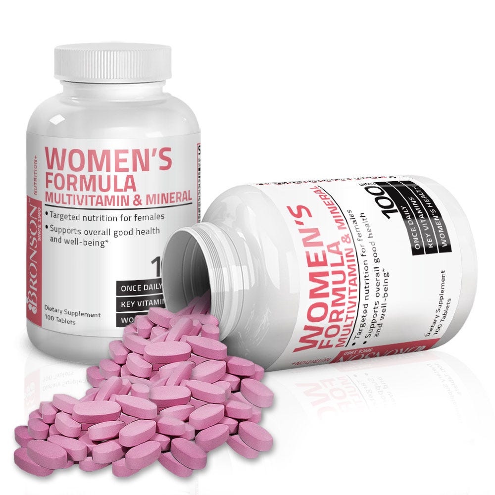 Bronson Vitamins The Woman's Formula Once Daily Multivitamin - 100 Tablets, Item #9A, Two Bottles , Front Label, One Bottle on Side, Tablets Displayed