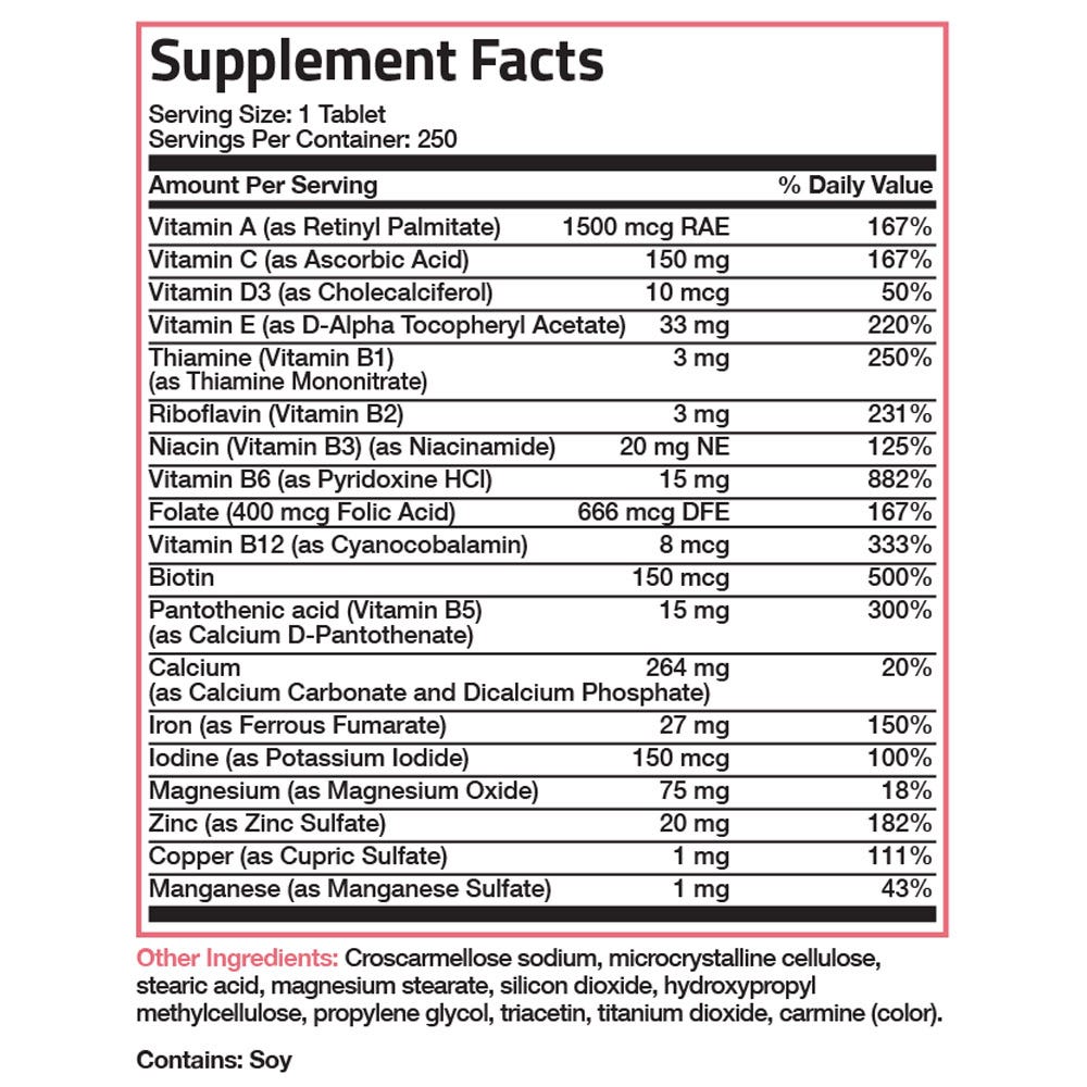 Bronson Vitamins The Woman's Formula Once Daily Multivitamin - 250 Tablets, Item #9B, Supplement Facts Panel