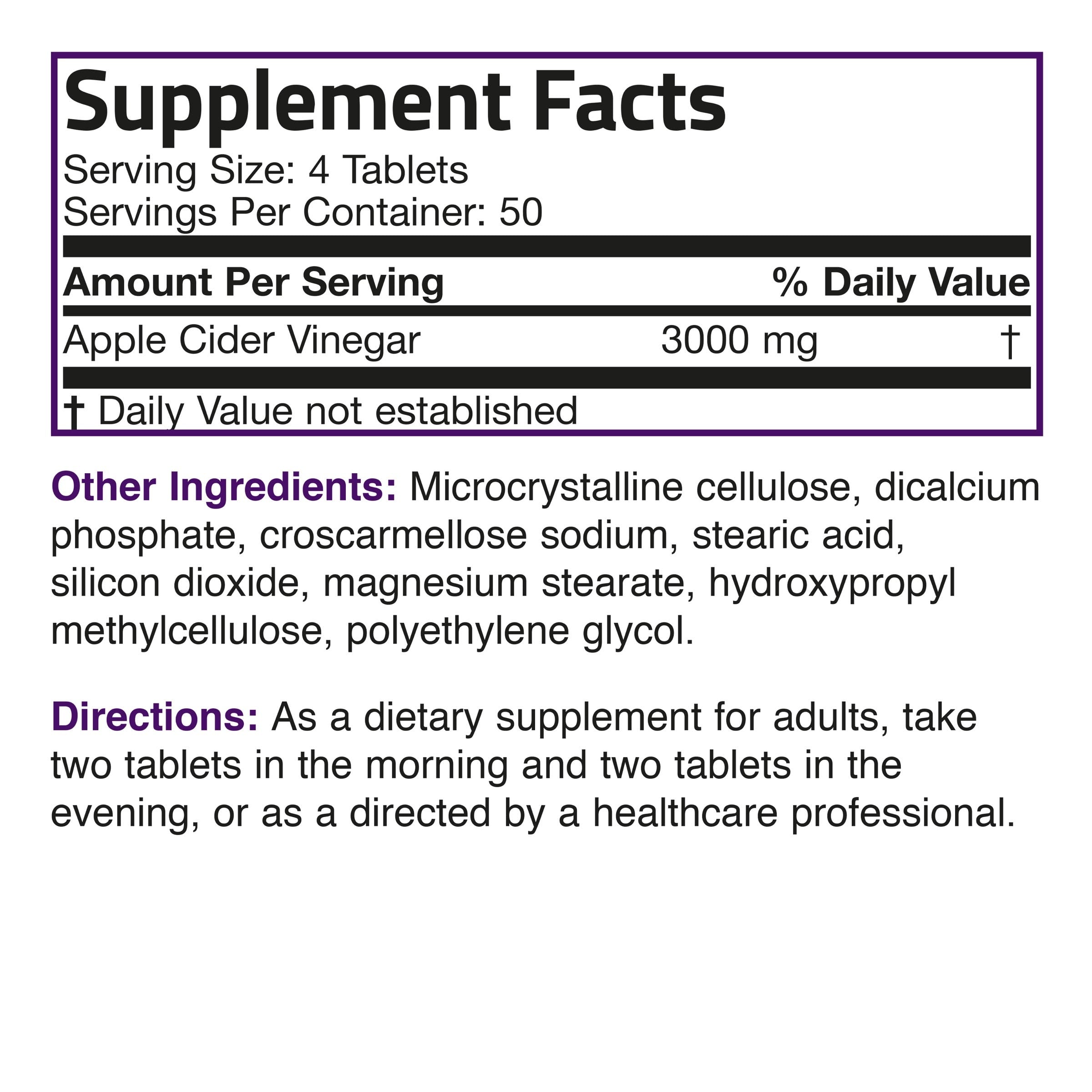 Apple Cider Vinegar 3000 MG, 200 Vegetarian Tablets view 4 of 4