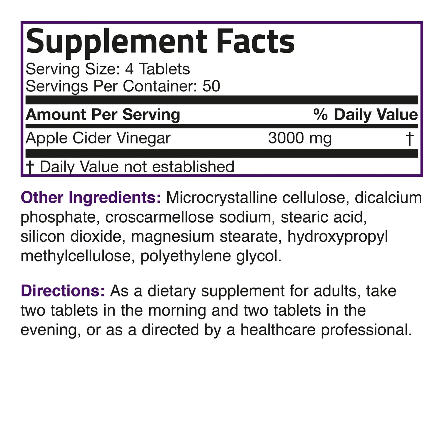 Apple Cider Vinegar 3000 MG, 200 Vegetarian Tablets