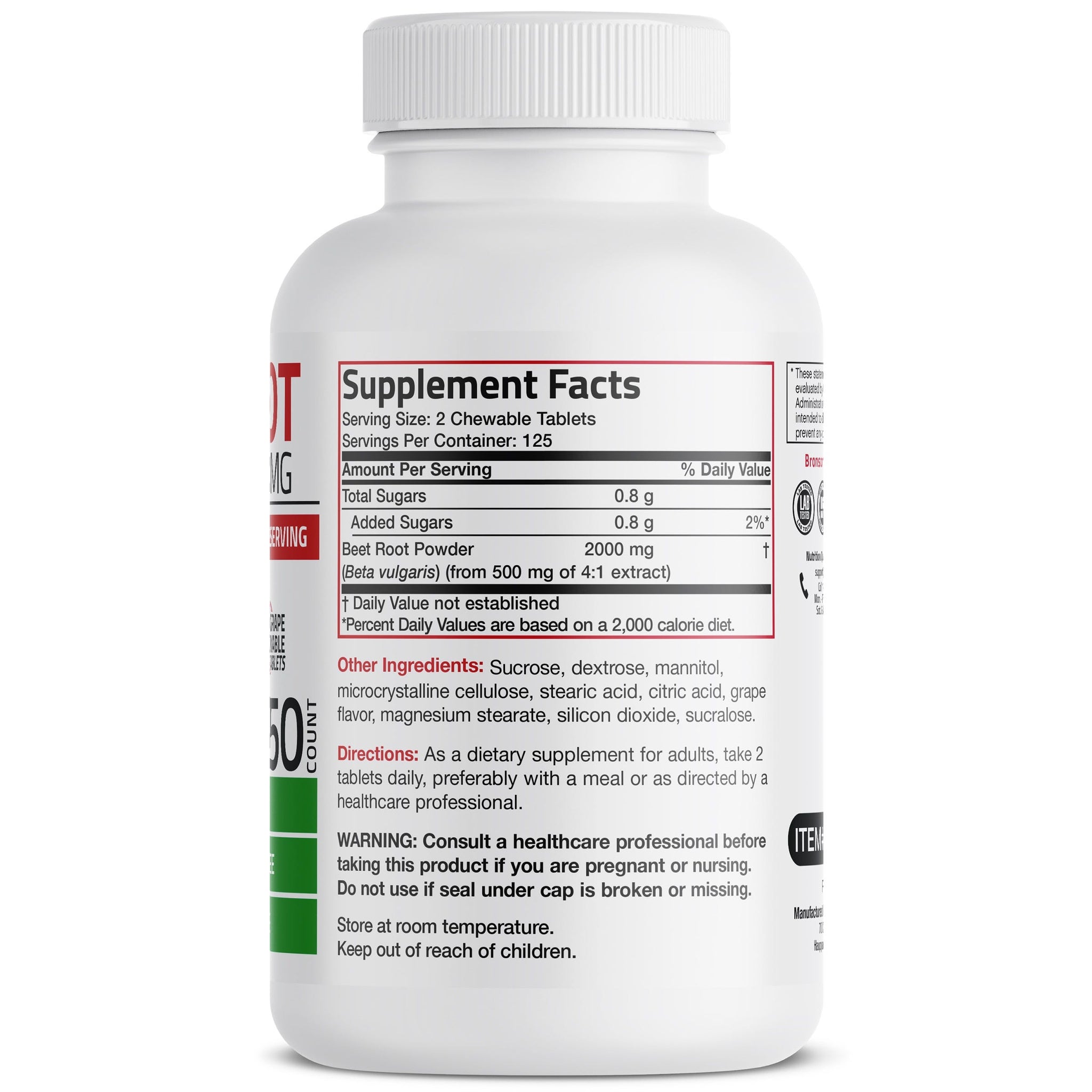 Beet Root Chewables 2000 MG, 250 Grape Flavored Tablets bronsonlabs