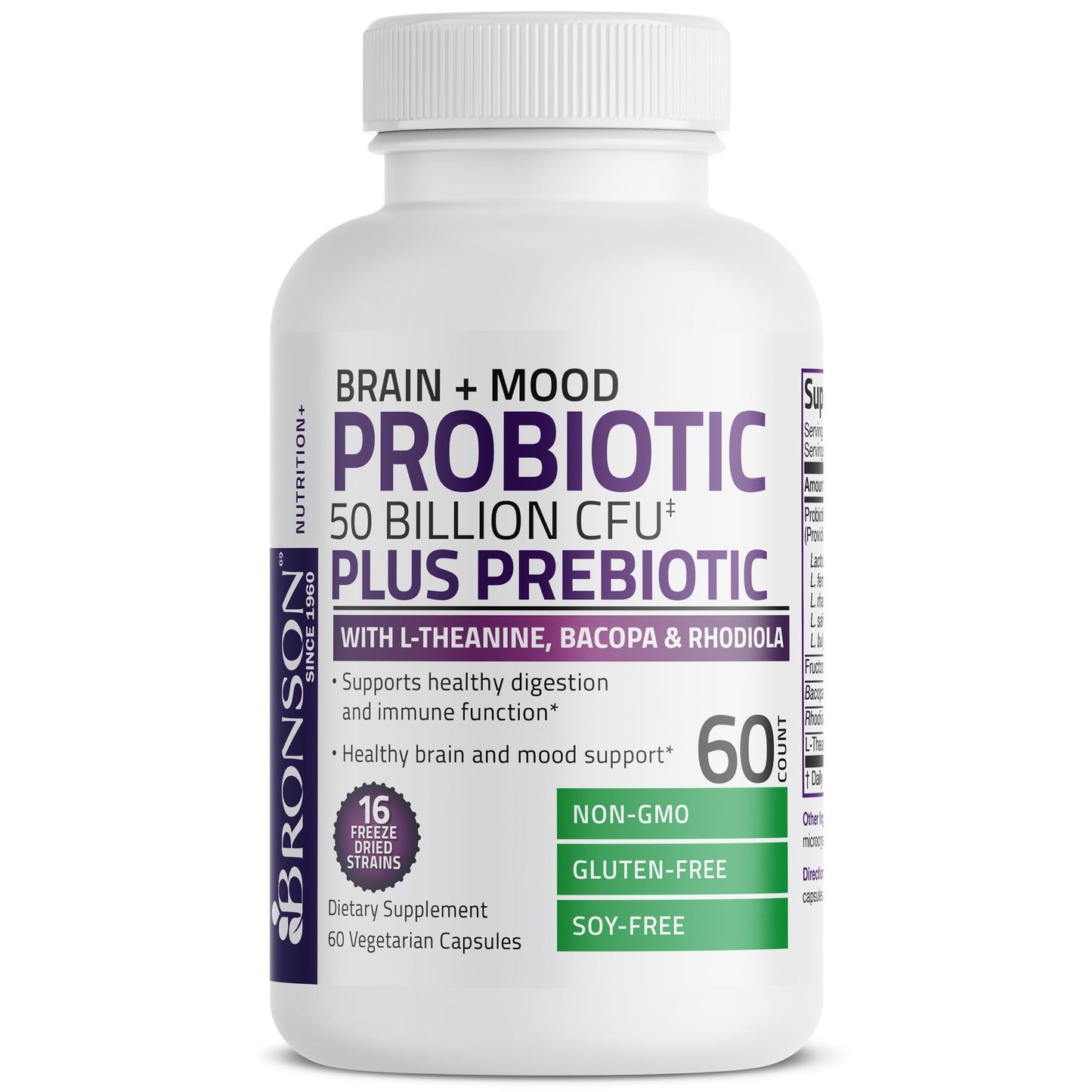 Probiotic Plus Prebiotic with L-Theanine, Bacopa & Rhodiola - 50 Billion CFU - 60 Vegetarian Capsules