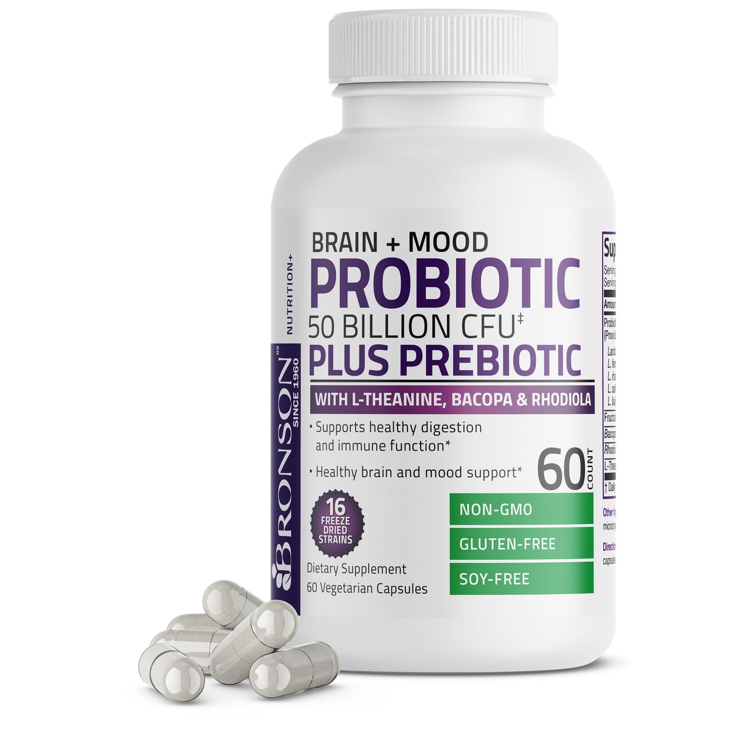 Probiotic Plus Prebiotic with L-Theanine, Bacopa & Rhodiola - 50 Billion CFU - 60 Vegetarian Capsules