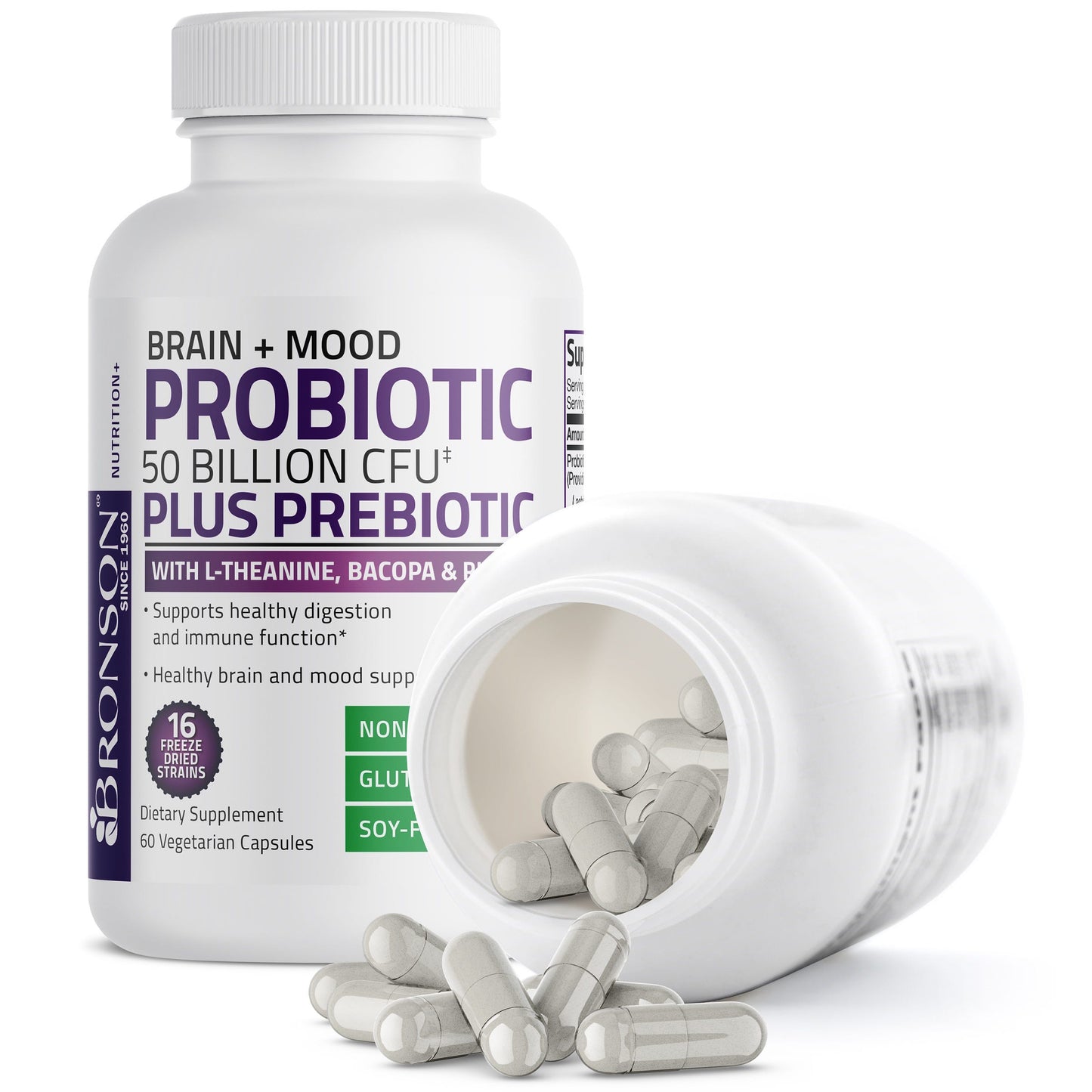 Probiotic Plus Prebiotic with L-Theanine, Bacopa & Rhodiola - 50 Billion CFU - 60 Vegetarian Capsules
