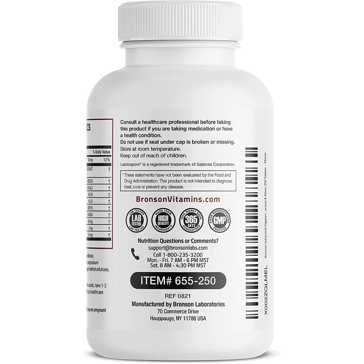 Bronson Vitamins Advanced Vegetarian Digestive Enzyme Complex™ - 250 Tablets, Item 655-250, Bottle, Side