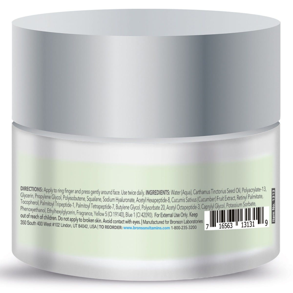 Bronson Vitamins eblume® Anti-aging Cucumber Eye Cream Non-GMO - 0.53 oz, Item #1313, Back Label, Directions, Ingredients, Warnings