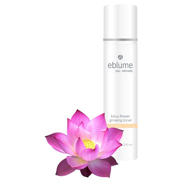 Bronson Vitamins eblume® Lotus Flower Ginseng Skin Toner - 6.8 fl oz, Item #738, Front Label and Lotus Flower