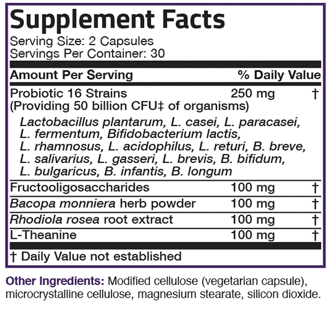 Probiotic Plus Prebiotic with L-Theanine, Bacopa & Rhodiola - 50 ...